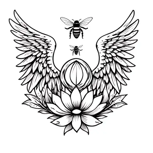 Angel Wings With Bees And Lotus Mandala Design Incorporating Elements
