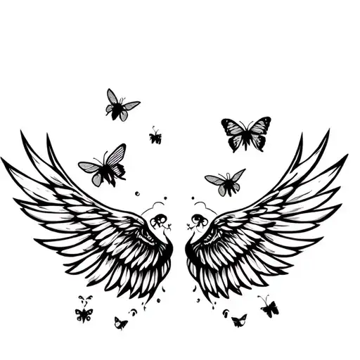 Angel Wings With Bees And Butterflies Design Incorporating Elements