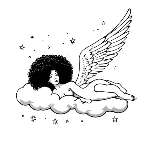 African American Woman With Curly Afro Angel Laying On A Cloud With Stars