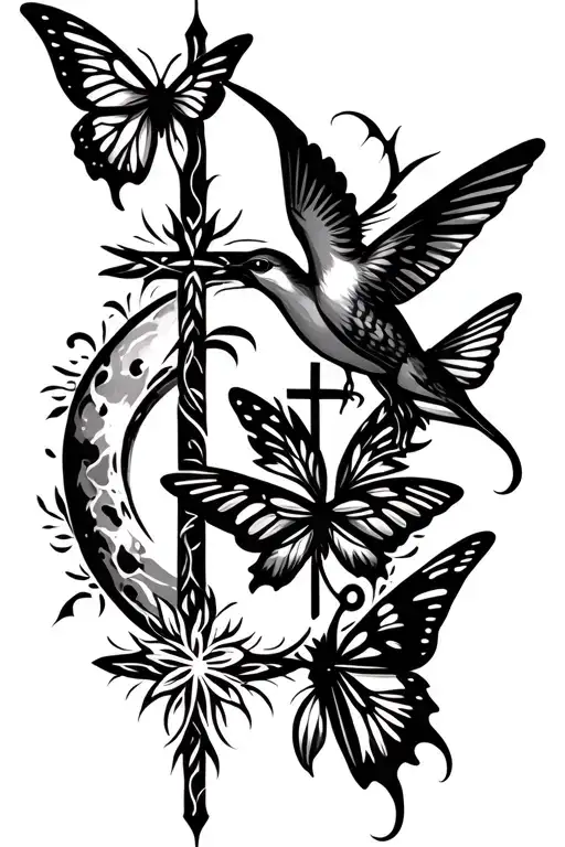 Humming Bird With A Butterfly And A Cross And A Full Moon