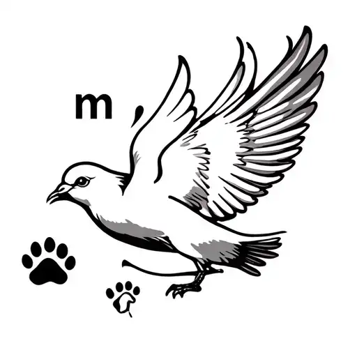 Dove In Flight Simple Drawing With Letter M Arrested By A Wire In The Beak And 3 Dog Paws