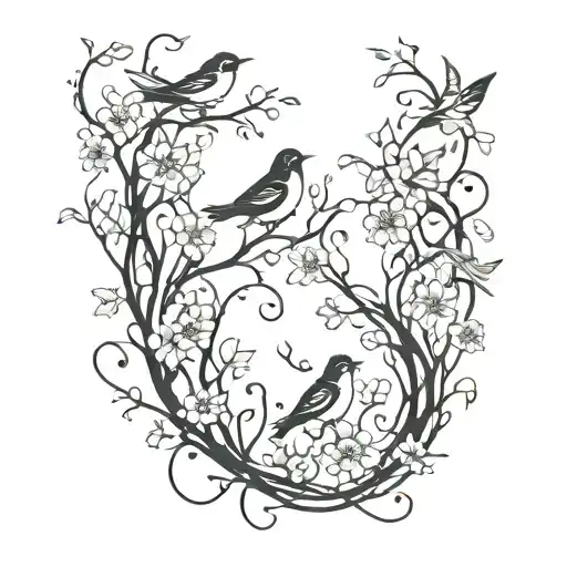 Vines Twisted Around Blossoming Flowers Birds Flying Away