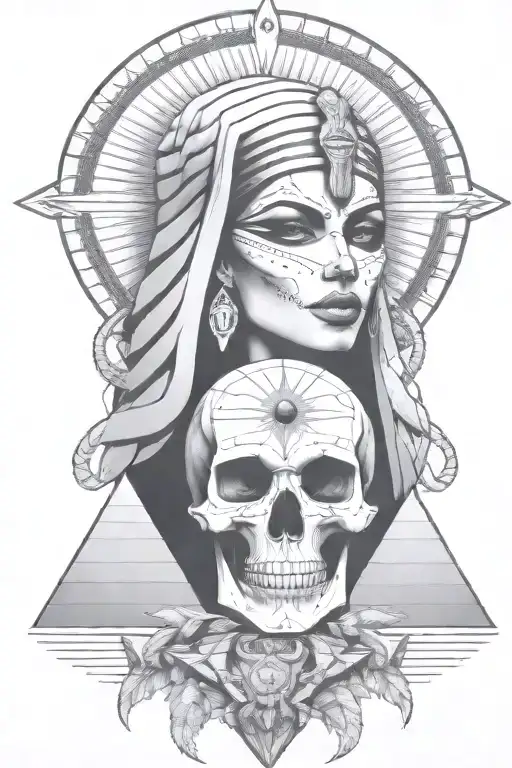 Egyption Style Girl Pharoh Goddess With Pyramid And Diamonds And Skull