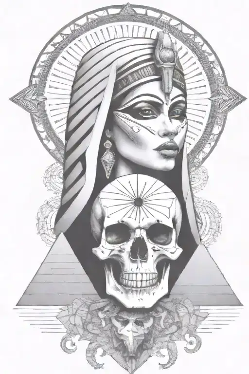 Egyption Girl Pharoh Goddess With Pyramid And Diamonds And Skull