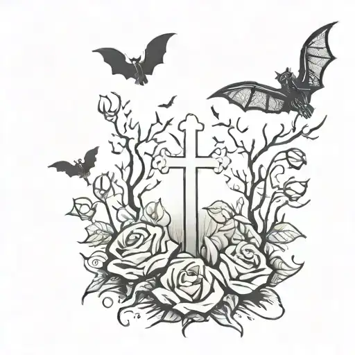 Spooky Cemetery Scene With Bats N Roses