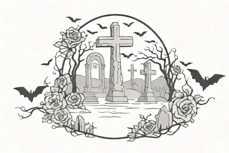 Spooky Cemetery Scene With Bats N Roses