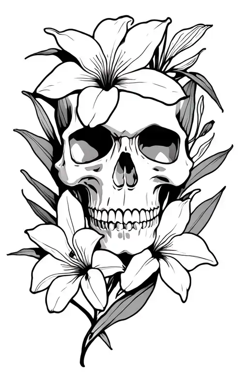Skull With Lillies And Orchids Intertwined