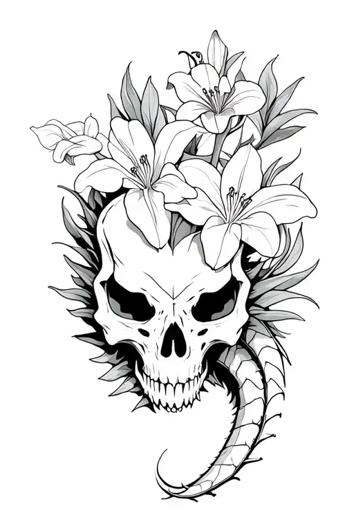 Dragon Skull With Lillies And Orchids Intertwined Symbolizing The Client's Love