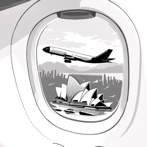 Airplane Window Overlooking Wing And Sydney Opera House And Harbour Bridge