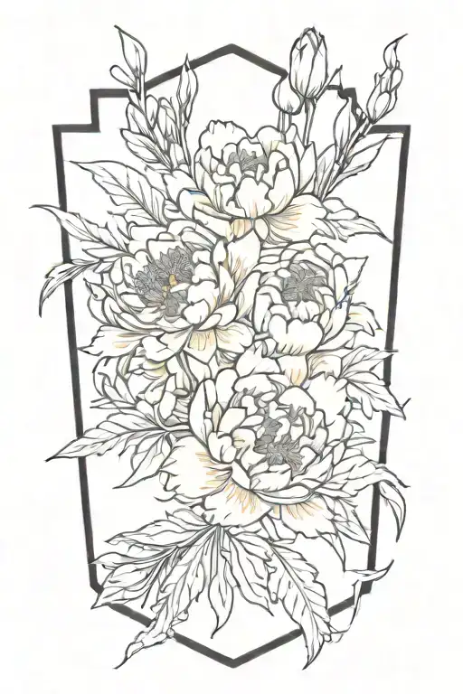 A Peony And Larkspur Bouquet Intertwined With Paintbrushes And Splashes Of Orange Paint