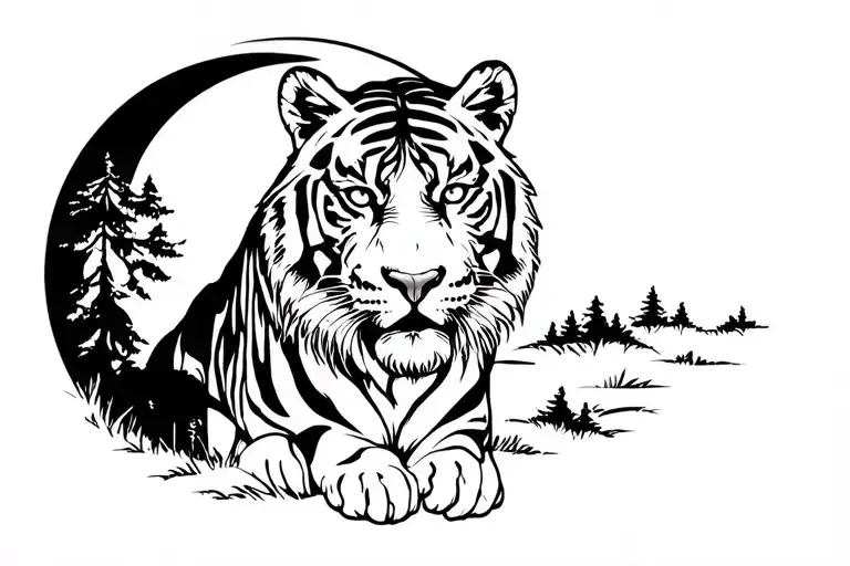 Tiger Tattoo Under The Moon In The Forest Scene