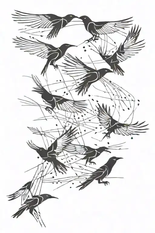 Crows Fly And Abstract Lines Wrap Around Them