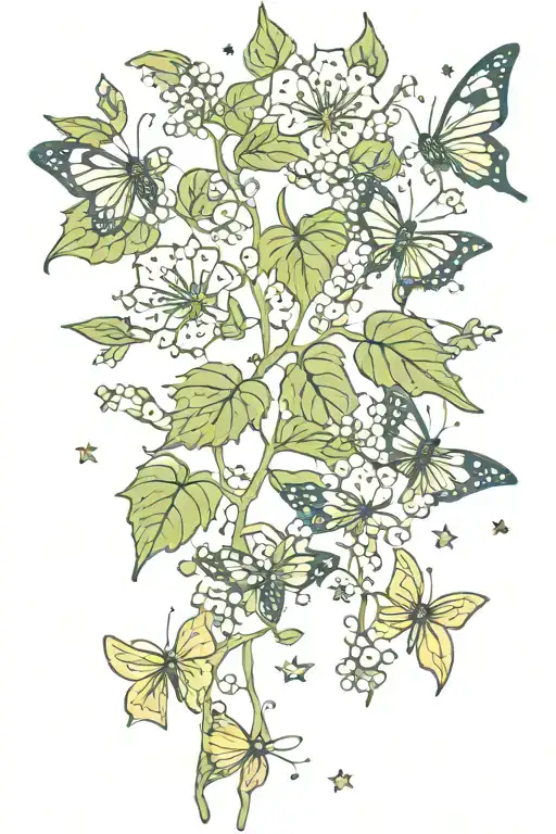 Ivy With Flowers And Little Moths With Stars