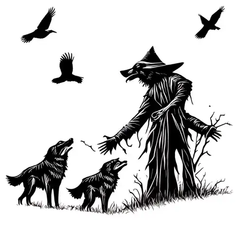 Wolves Howling At Moon With Scarecrow And Ravens Flying Mysterious Backround