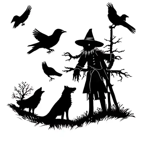 Wolves Howling At Moon With Scarecrow And Ravens Perching