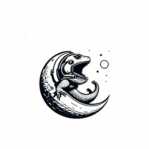 A Bearded Dragon Curled Around A Tiny Moon Like It's A Heat Lamp Wearing An Astronaut Helmet