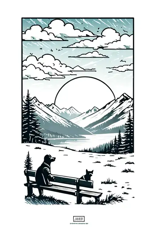 Dog Sitting On Bench With Man Watching Sunset Scene In The Moutains