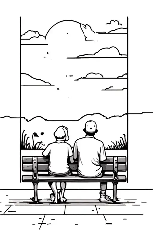 Dog And Owner Sitting On Bench Watching Sunset