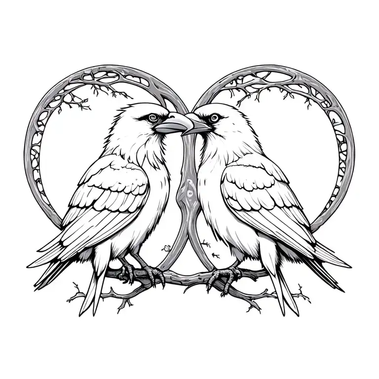 Twin White Neck Ravens Hugging In Front Of Tree Of Life