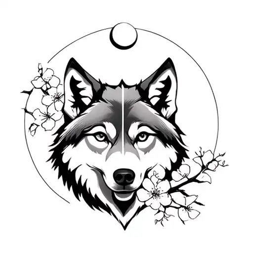 Wolf Tattoo With Moon On Forehead And Cherry Blossoms