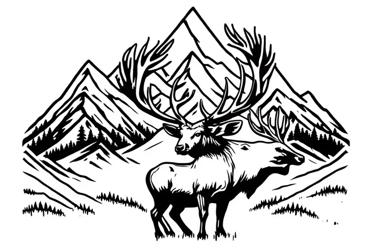 Bull Elk With Three Spike Elk And Mountain Background