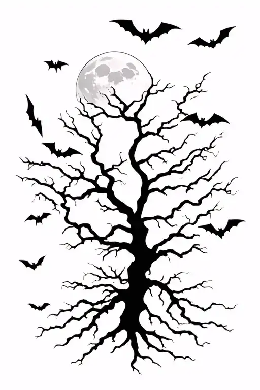 Poison Tree With Bats Flying Across And A Moon Rising