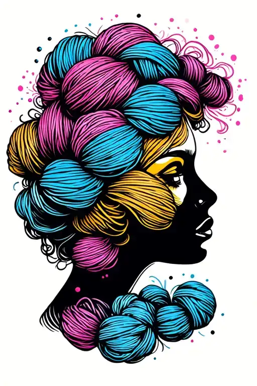 Female Face Side Profile With Yarn Exploding From Top Of Head Depicting Tangled Thoughts