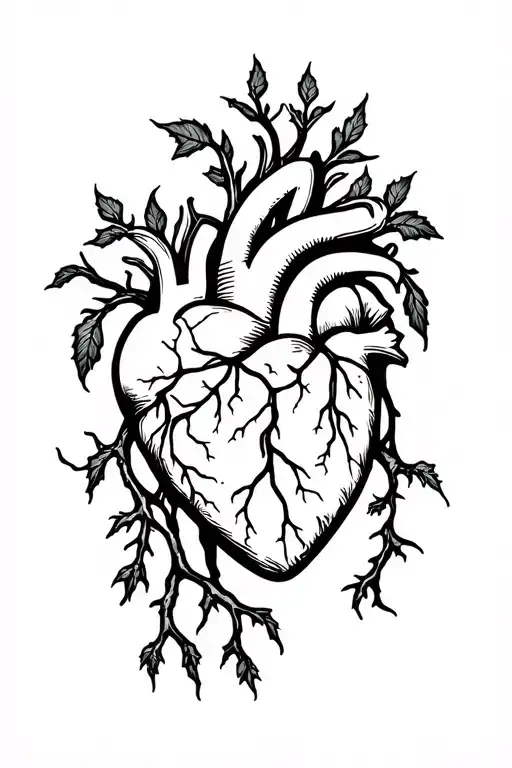 Small Human Heart With Long Roots And Ivy Leafs Coming Out