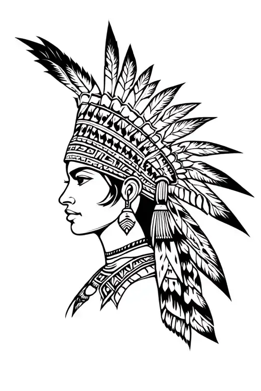 Aztec Woman Tattoo With Headdress Realism Style