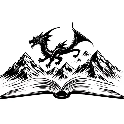 Dragon Flying Over A Mountain Range Coming Out Of A Book
