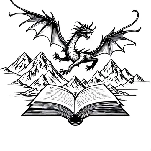 Dragon Flying Over A Mountain Range Coming Out Of A Book