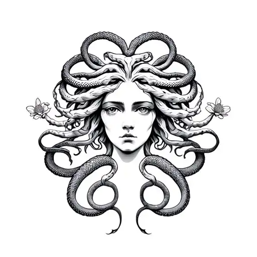 Simple Medusa Tattoo With 4 Snakes And 9 Medusa Flowers