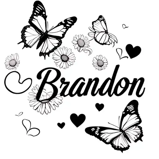 Brandon In Script Font With Several Flying Butterflies Hearts And Daisies