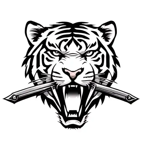 Tiger Holding A Sword In His Mouth In A Fierce Pose