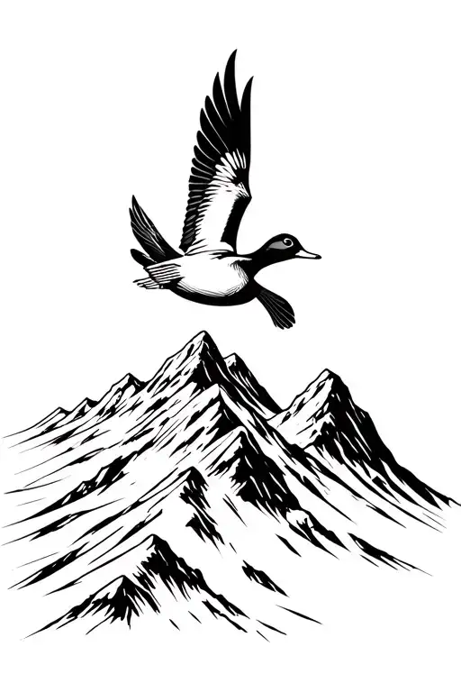 Duck Flying Over A Mountain