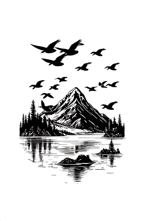 Ducks Flying Over A Mountain Landscape