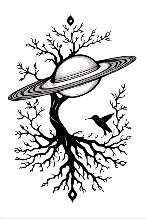 Big Background Saturn And A Tree Of Life With A Hummingbird