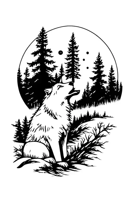 Forest Landscape And Wolf Howling At The Moon