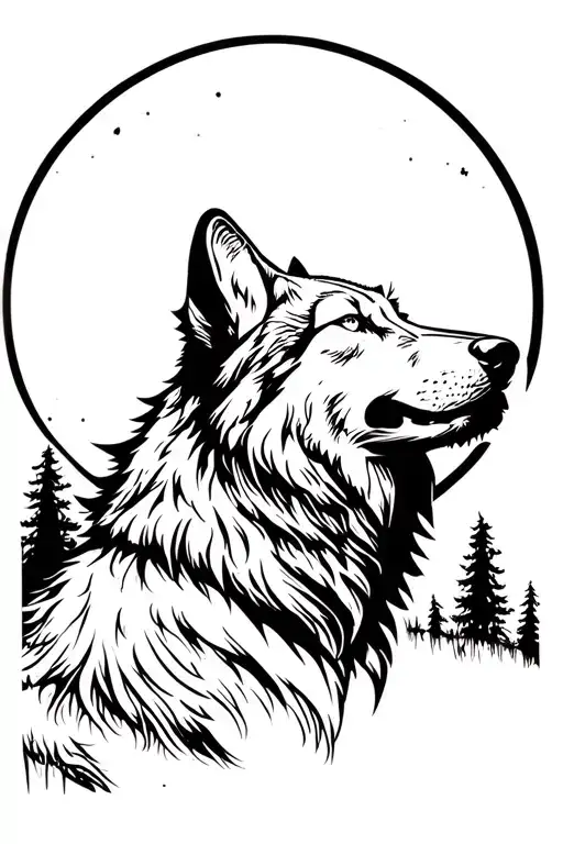 Forest Landscape And Wolf Howling At The Moon