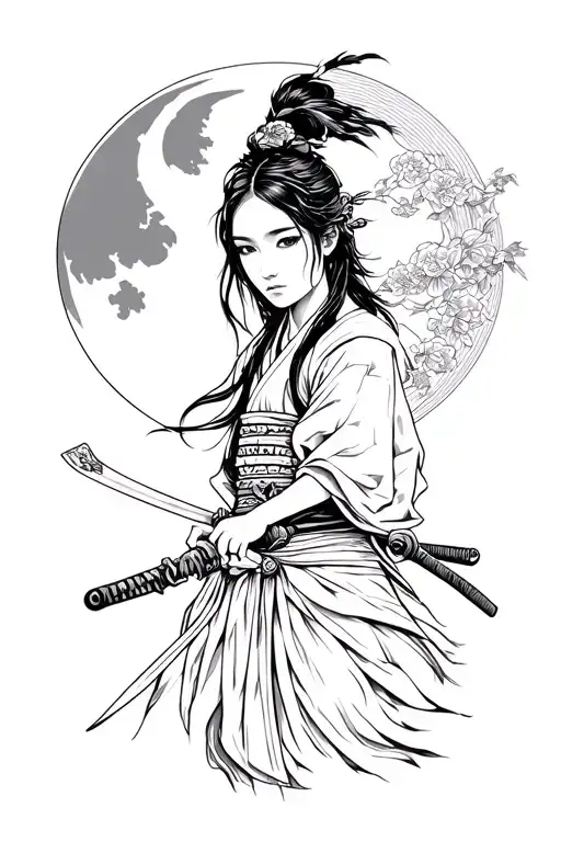 Beautiful Girl Samurai With A Sword And Moon