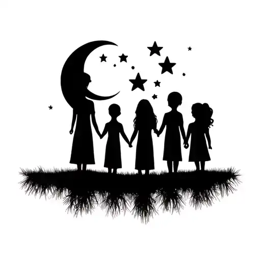 Silhouette Of Mother And Children Holding Hands Under Moon And Stars