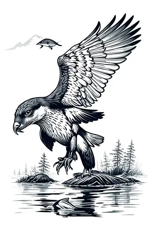 River Scene With Otter Hawk And Salmon