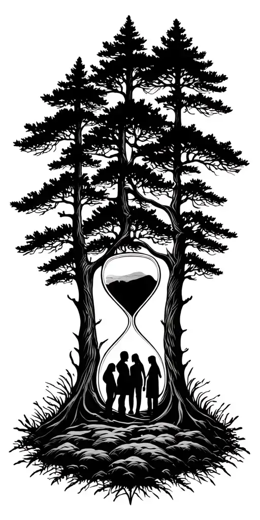 Pine Forest Wrap Around And Family Tree And Hour Glass Father With 4 Kids And 2 Women