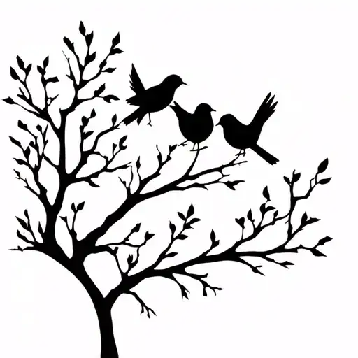 Three Birds On A Tree Branch