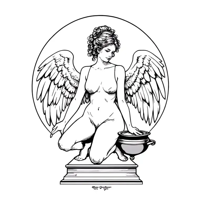 Lady With Wings Kneeling By A Couldron
