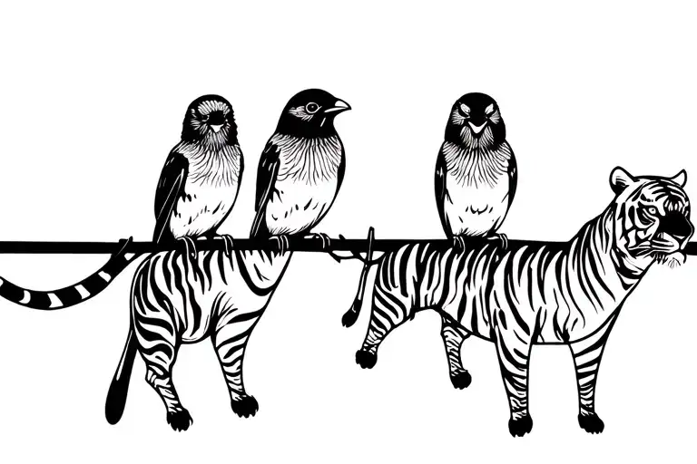 4 Birds Sitting On A Wire Black Ink Tiger Body