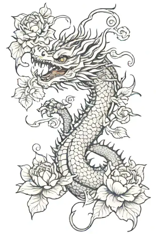 A Dragon With Lotus Flowers And Thorny Rose Branches