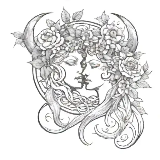 Triple Moon Goddess And Flowers Intertwined