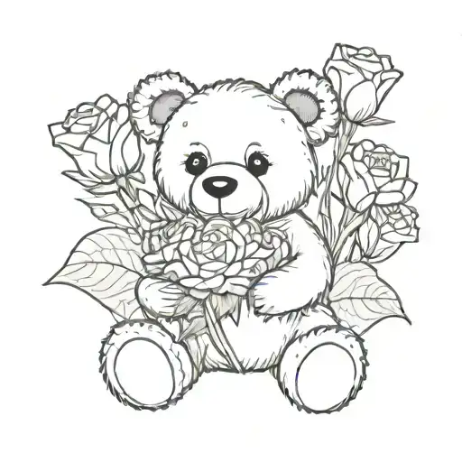 Teddy Bear Holding Carnation And Lotus Flowers