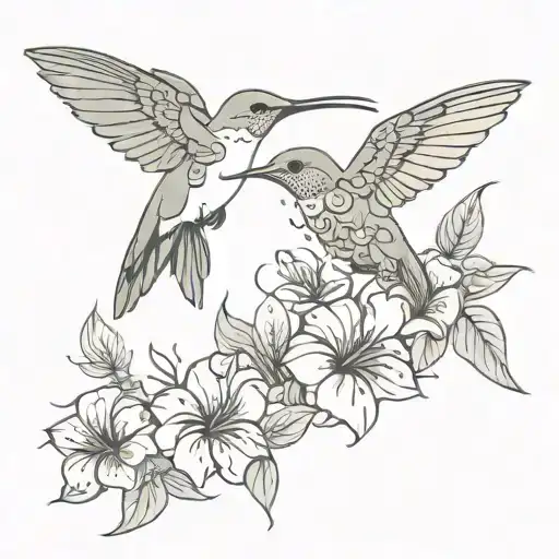 Stylistic Modern Hummingbird With Multiple Hibiscus